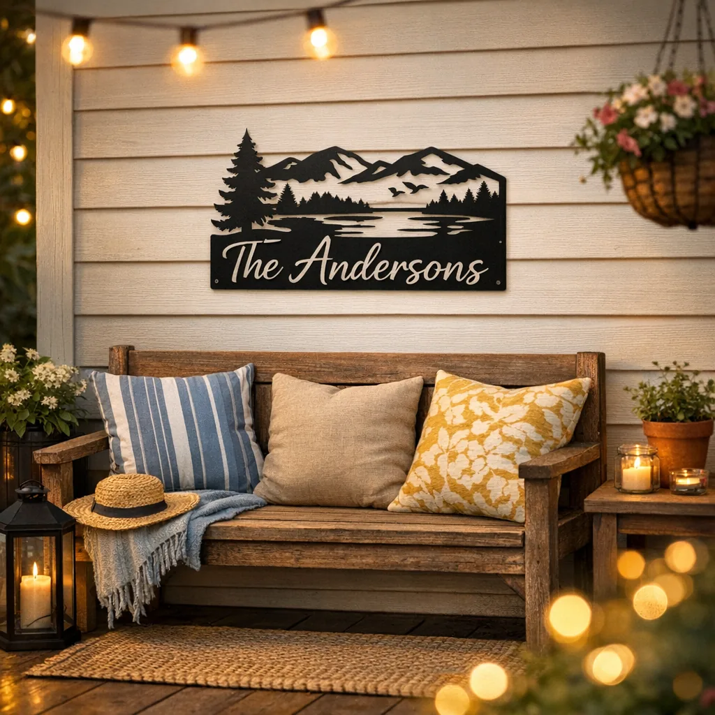 Porch with an 18-inch black metal tattoo home decor sign above a bench during summer evening
