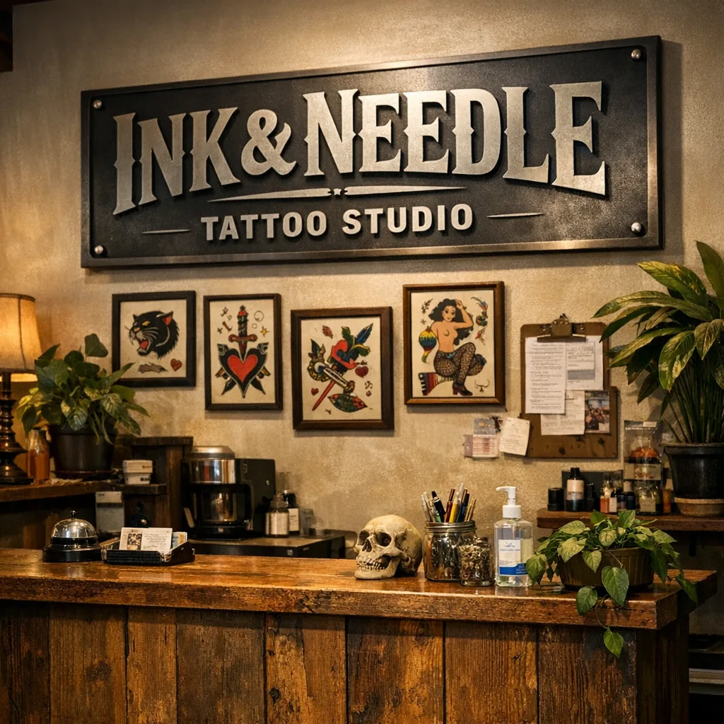 tattoo shop decor: How to pick the right size & spot for metal signs 1 tattoo shop decor reception with powder-coated metal sign and framed flash art
