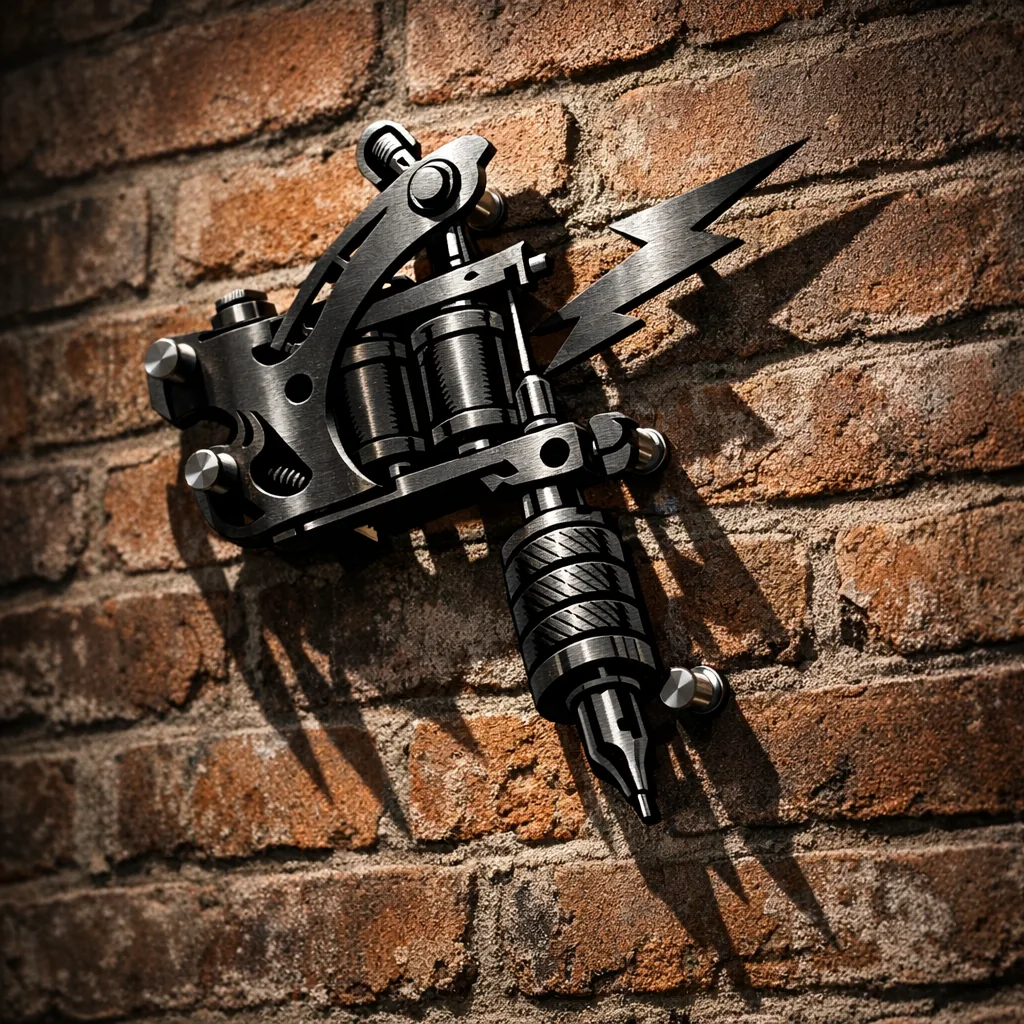 tattoo shop decor: How to pick the right size & spot for metal signs 2 metal tattoo sign mounted on exposed brick with uplight creating shadow