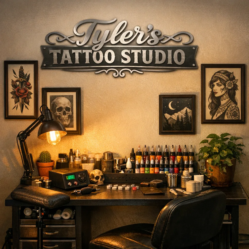 tattoo shop decor: How to pick the right size & spot for metal signs 3 home tattoo studio with personalized metal nameplate above workstation