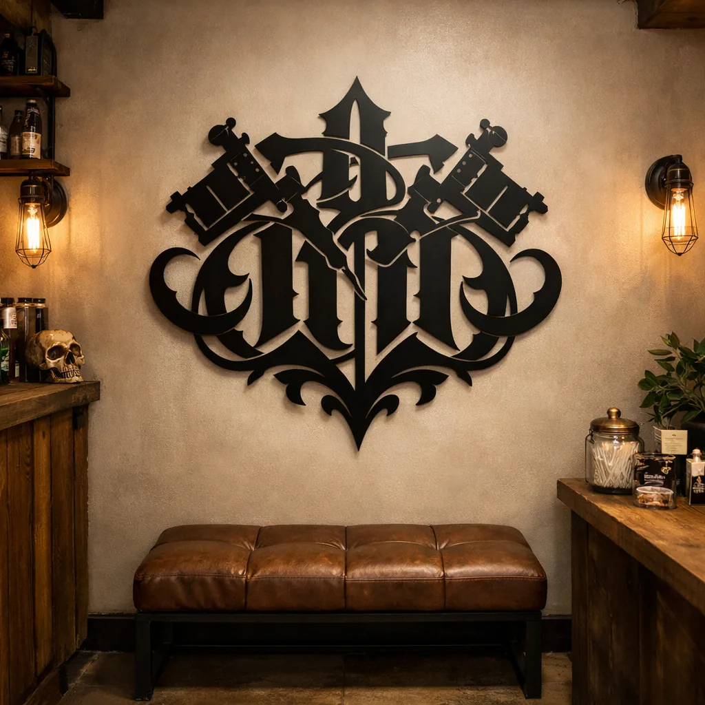 tattoo studio wall decor reception wall with powder-coated metal logo sign