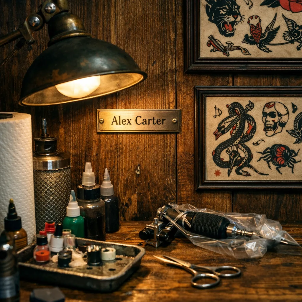tattoo studio wall decor close-up of personalized metal nameplate at station