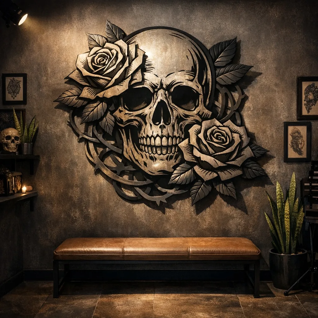 tattoo studio wall decor Instagram-ready photo wall with laser-cut metal skull and rose