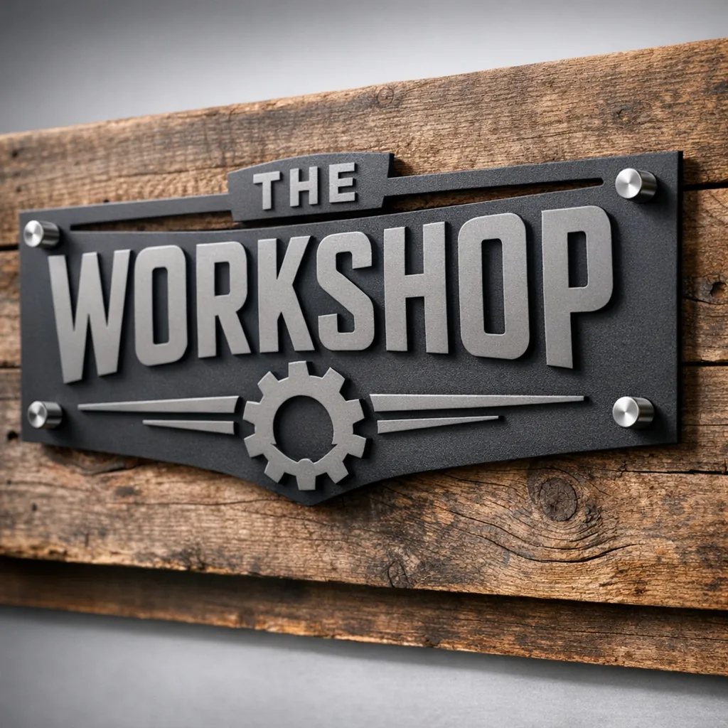 tattoo studio wall decor powder-coated metal sign mounted on reclaimed wood backer