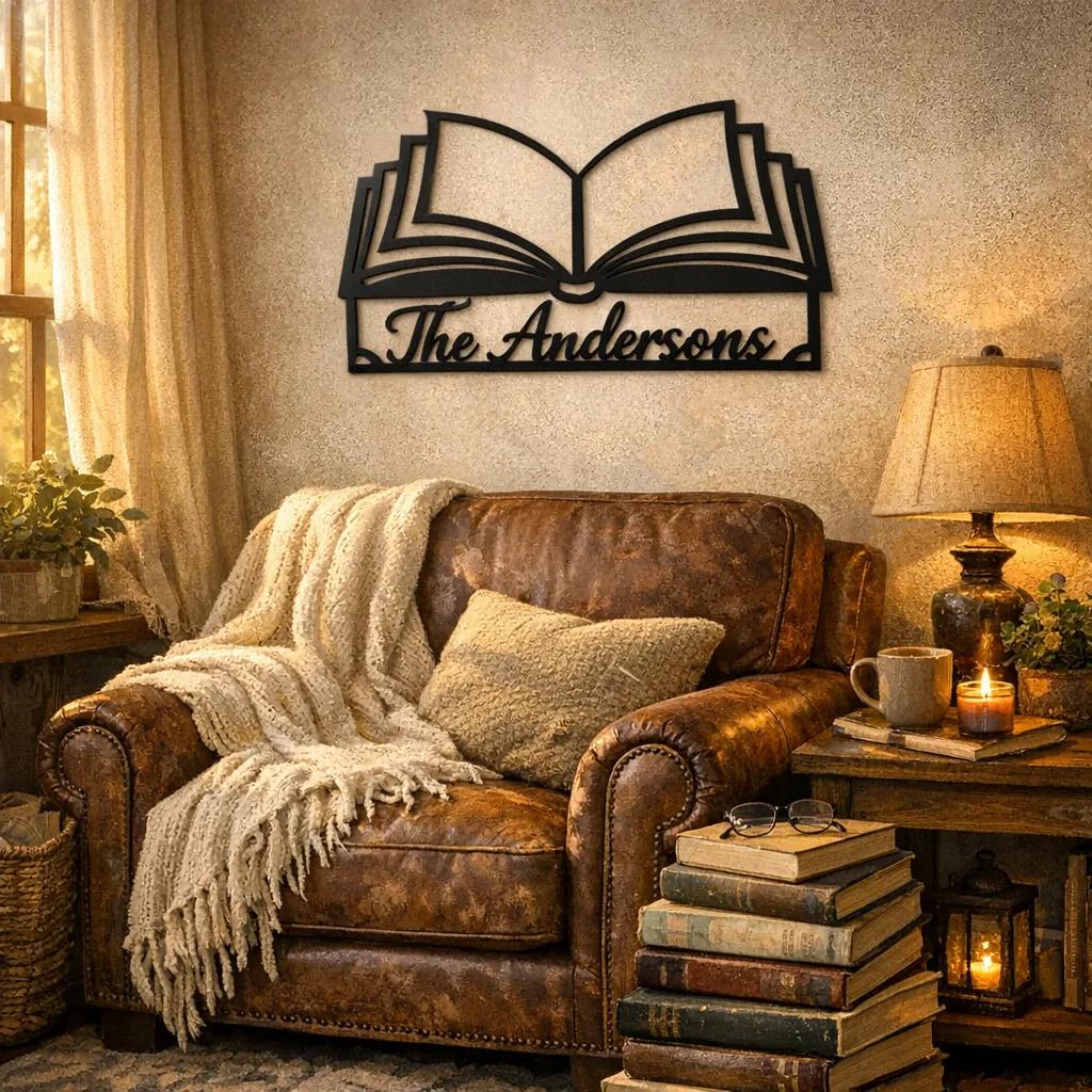 Cozy reading nook with a leather chair and unique metal art for book lovers—a black open-book metal sign over the chair
