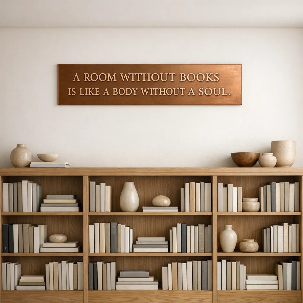 Home library with wooden shelves and a copper-finish piece of unique metal art for book lovers showing a short literary quote