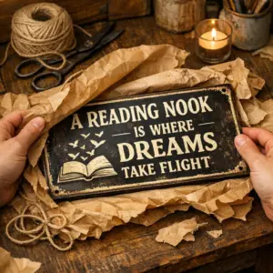 Hand unpacking a wrapped personalized metal sign for book lovers on a kitchen table at a laser shop