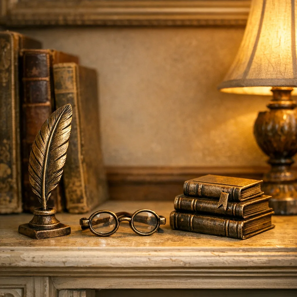 Mantel styled with books and small literary metal symbols—unique metal art for book lovers in a warm setting
