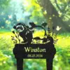 Black metal garden stake with a ferret silhouette, plants, the name "Winston" and date "08.22.2024" set against a sunlit grassy background with butterflies