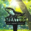 Black metal garden memorial stake shaped like a lizard with the name "MEATLUG" and inscription "Loved & missed 2014-2024" against a sunlit forest background with butterflies