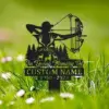Black metal yard memorial stake showing an archer silhouette with trees and text 'In Loving Memory Of' and placeholder 'CUSTOM NAME 1950-2023' placed in grassy lawn