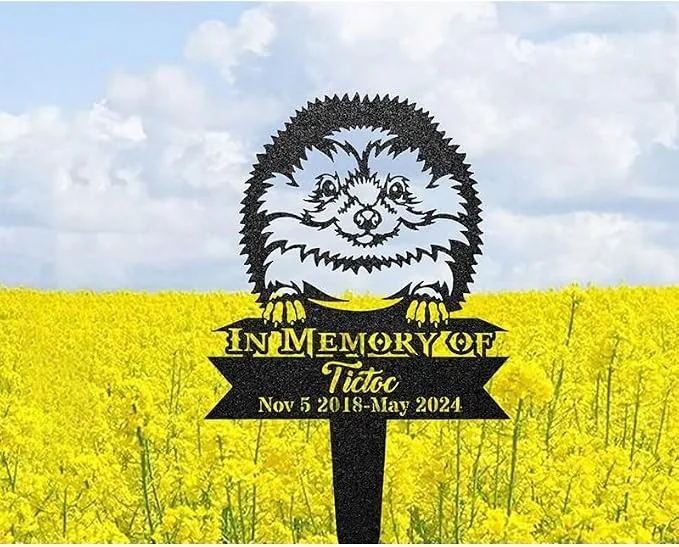 231-3 Black metal garden memorial stake shaped like a smiling hedgehog above a banner reading "In Memory Of Tito" with dates Nov 5 2018 - May 2024 against a yellow flower field and cloudy sky