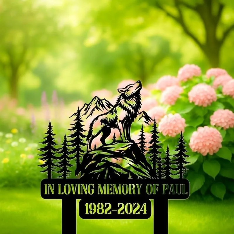 232-2 Black metal memorial sign with a howling wolf on a rock among pine trees and mountains, text reads “In Loving Memory of Paul 1982-2024,” set against a blurred garden with pink hydrangeas.