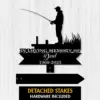 Black silhouette memorial sign showing a man fishing on a dock with text "In Loving Memory of Dad 1960-2025" on a white wood background