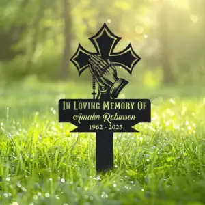 Custom Prayer Hands & Cross Memorial Plaque — Personalized Name & Dates Remembrance Sign
