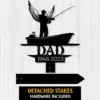Black metal memorial sign silhouette of a man with angel wings fishing from a boat mounted on a white wood plank background, text reading DAD 1946-2023