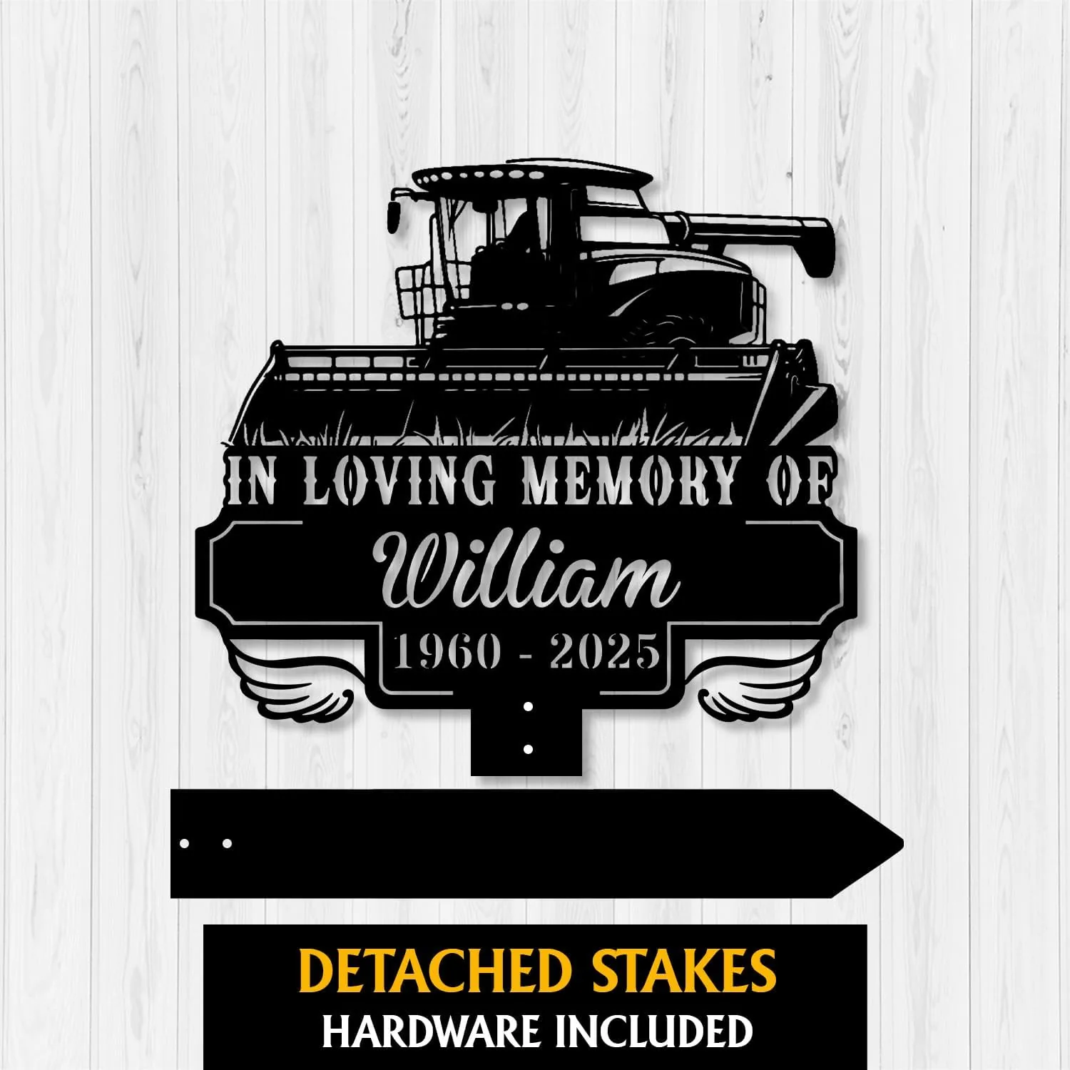 263 Black metal memorial sign with combine harvester silhouette reading "In Loving Memory of William 1960 - 2025" on a white wood background