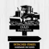 302 Black metal memorial sign showing a bulldozer silhouette with script text "In Loving Memory Of" and block text "DAD 1949-2024" on a light wood background