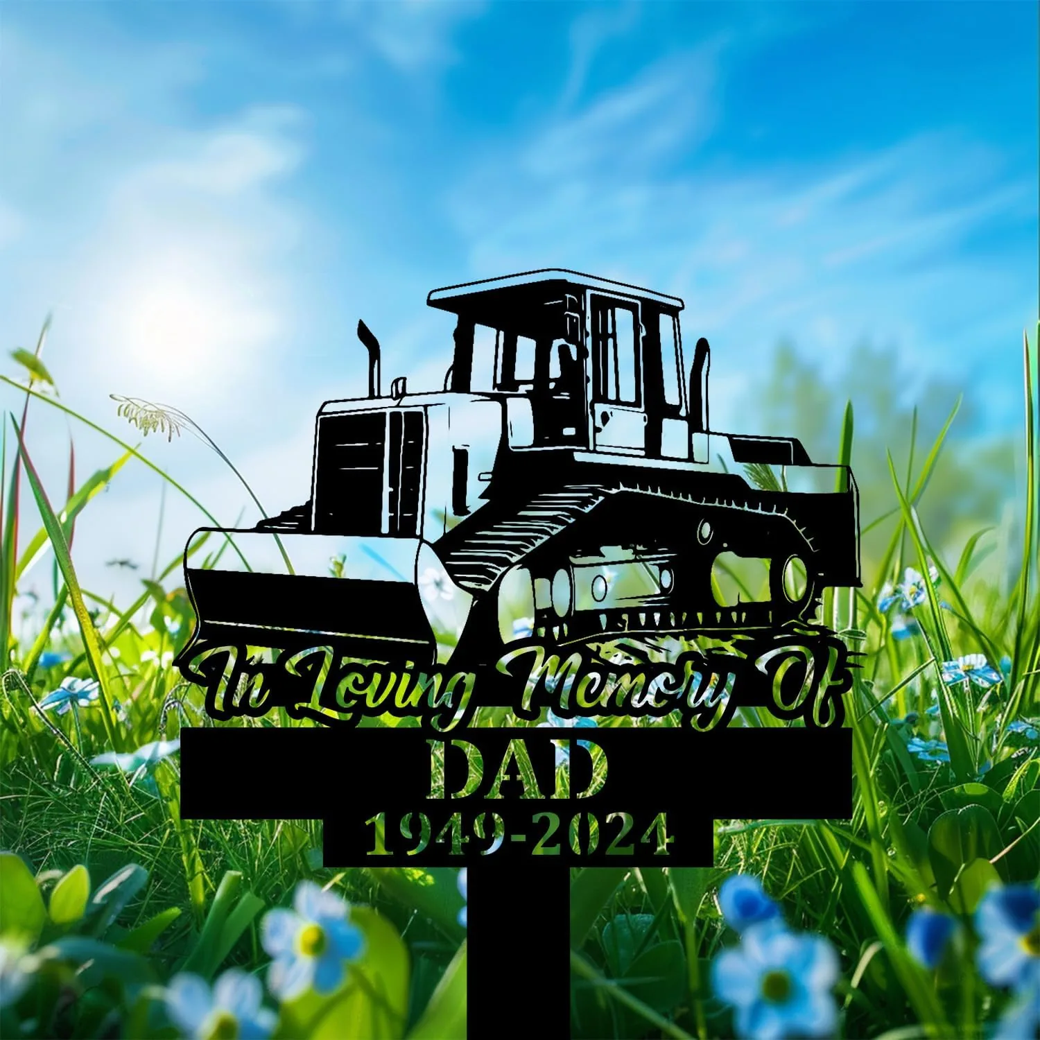 304 Black silhouette memorial sign of a bulldozer in a grassy field with blue sky, reading "In Loving Memory of DAD 1949-2024"