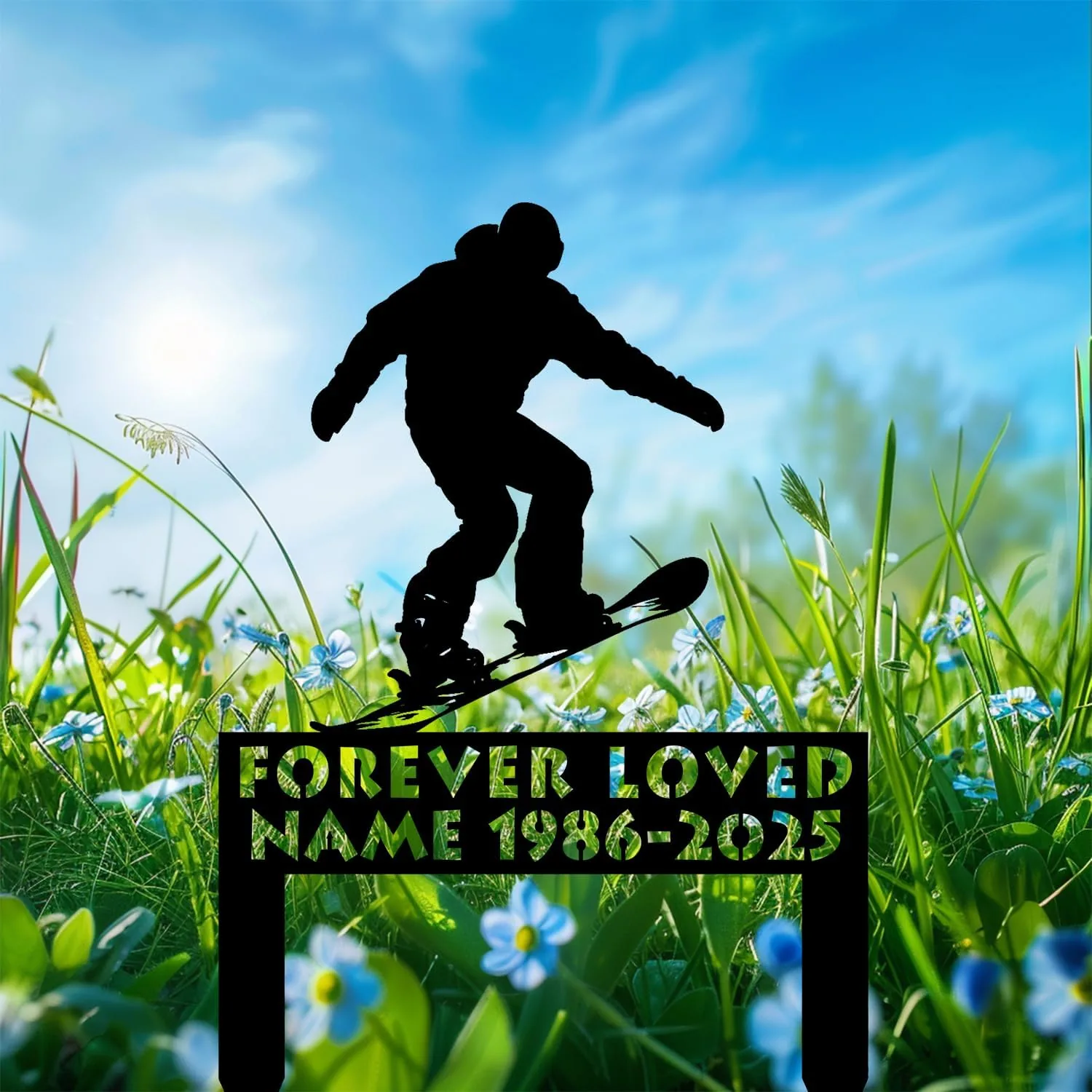 Black silhouette of a snowboarder jumping above a grassy field with blue flowers and a bright sky, black sign reading "FOREVER LOVED NAME 1986-2025"