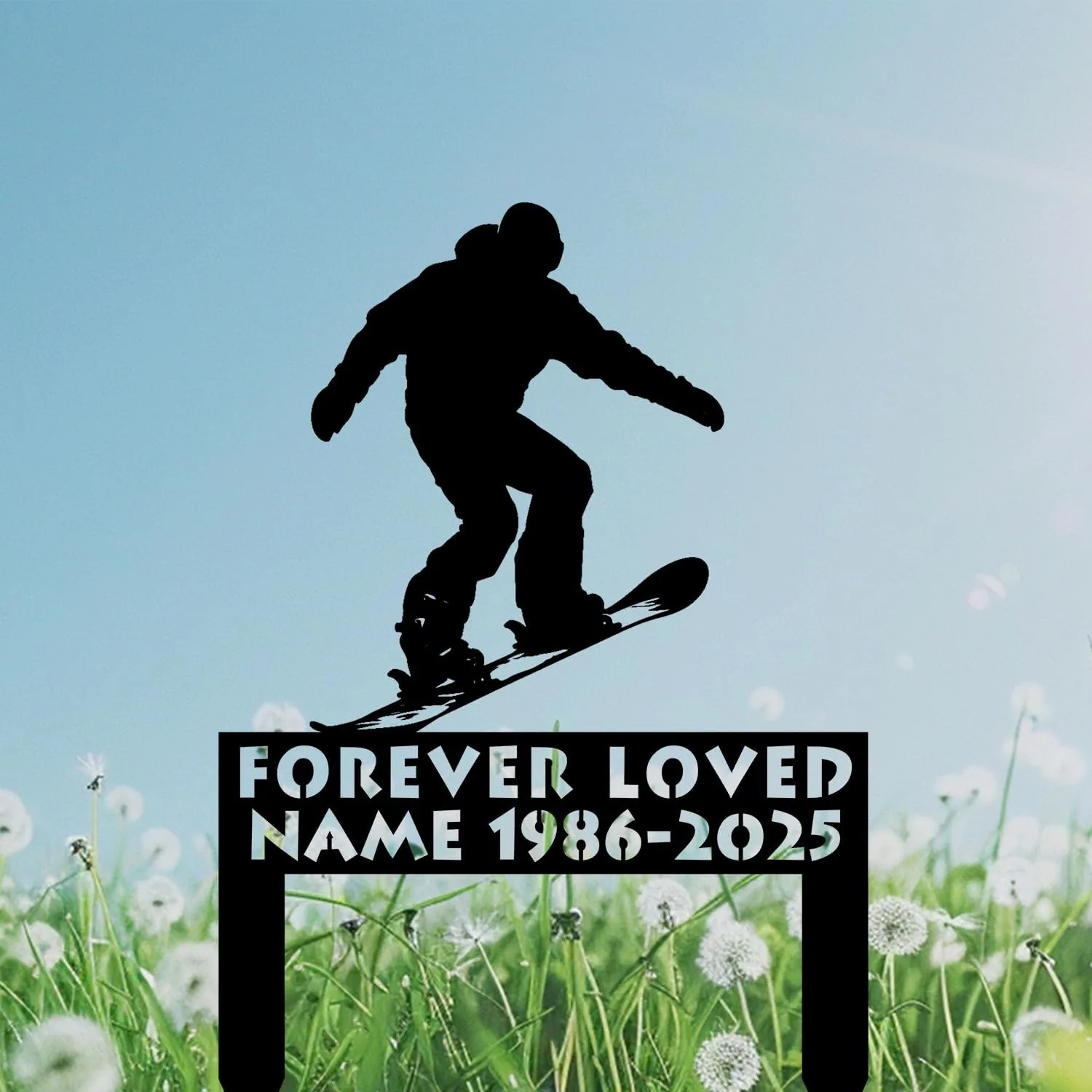 Black silhouette of a snowboarder jumping above a memorial plaque reading “FOREVER LOVED NAME 1986-2025” over a dandelion field and blue sky