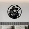 style-18.-Samurai-Geisha-2 Round black metal wall art of a samurai and geisha embracing, mounted above a modern gray sofa in a minimalist living room