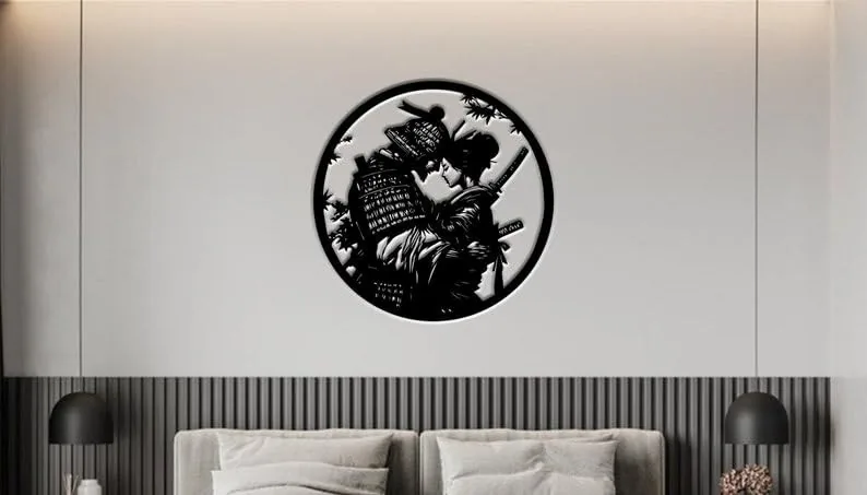 style-18.-Samurai-Geisha-2 Round black metal wall art of a samurai and geisha embracing, mounted above a modern gray sofa in a minimalist living room
