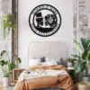 style-23.-Gothic-Skeleton-Couple-3 Modern bedroom with rust-colored bedding and plants, metal circular wall art above bed reading “Morris & Mary 50th Anniversary,” geometric headboard