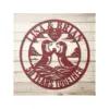 style-32.-Otter-Couple-2 Round red wooden wall sign reading "LISA & BRIAN" with heart "EST. 1974" and two otters touching paws above waves and the words "50 YEARS TOGETHER" on light wood background