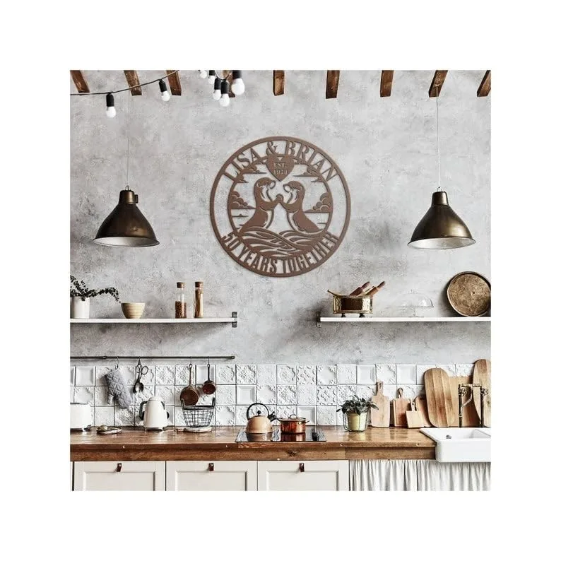 style-32.-Otter-Couple-3 Rustic kitchen with wooden countertop, hanging pendant lights, open shelves and a round metal wall sign reading 'Lisa & Brian 10 Years Together' above the sink