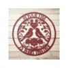 Red circular wooden wall sign with two birds facing each other, floral vines, a heart labeled "EST 1999", and names "ROSA & TIM" above with "25 YEARS TOGETHER" curved along the bottom, on whitewashed wood background