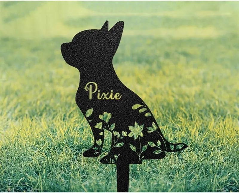 371 Black metal garden stake in a sitting dog silhouette with floral cutouts and the name "Pixie" on grass