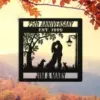 style-37.-Autumn-Dog-Cat-1 Black metal 25th anniversary wall art reading "25th Anniversary Est. 1999" with silhouetted couple, two dogs, tree, lamp, and names Jim & Mary