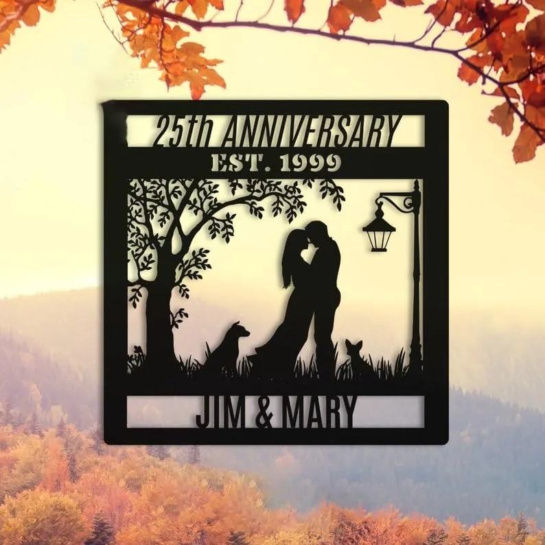 style-37.-Autumn-Dog-Cat-1 Black metal 25th anniversary wall art reading "25th Anniversary Est. 1999" with silhouetted couple, two dogs, tree, lamp, and names Jim & Mary