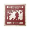 style-37.-Autumn-Dog-Cat-3 Red metal 25th anniversary wall sign reading "25th Anniversary Est. 1999" with silhouetted couple kissing under a tree, two dogs, streetlamp, and names "Jim & Mary"